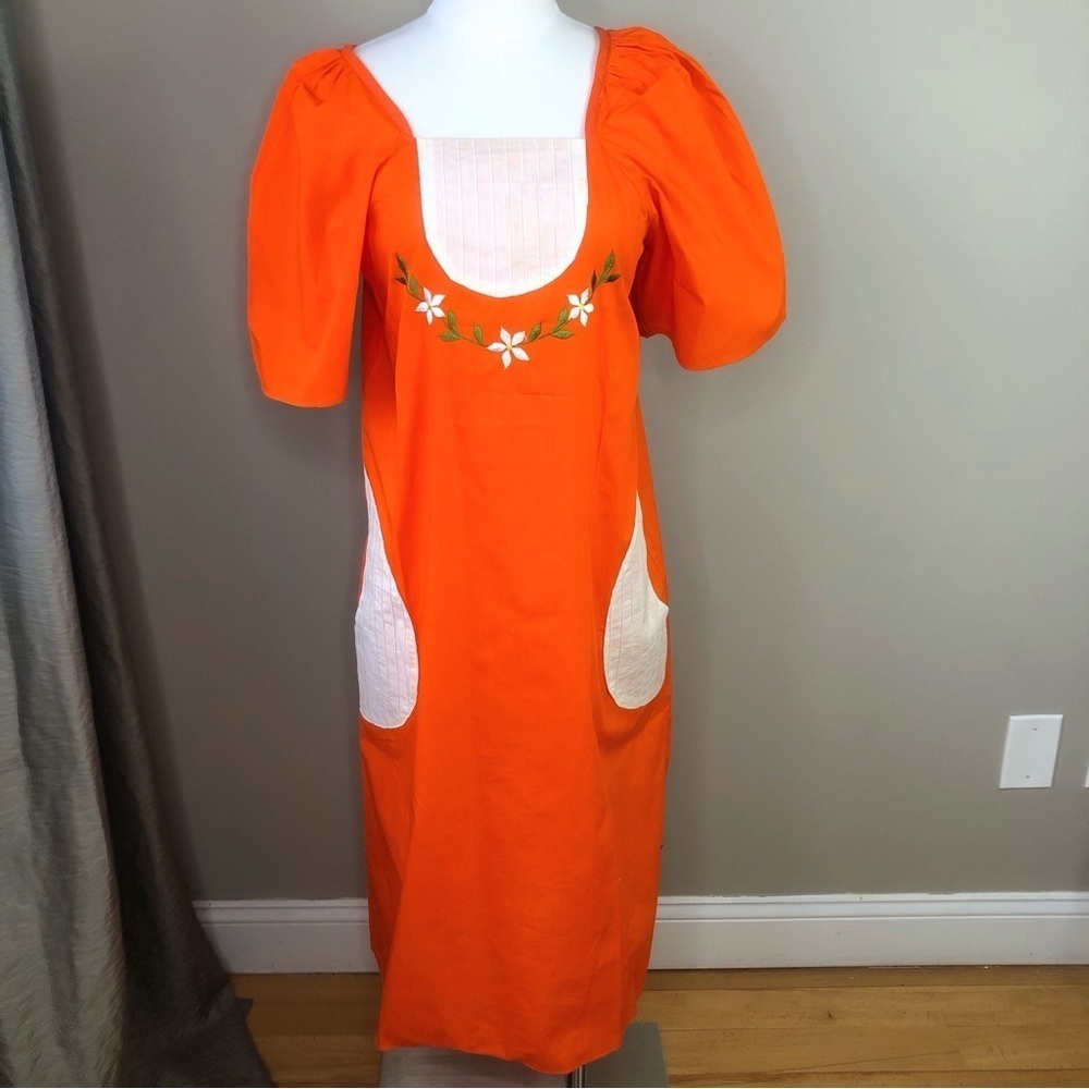 NWOT Vintage 50's Orange & White Embroidered Floral Cotton Blend Sundress S/M